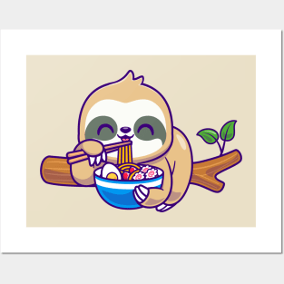 Cute Sloth Eating Ramen On Branch Tree Cartoon Posters and Art